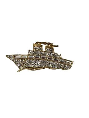 Vintage Rhinestone Cruise Ship Brooch Gold Tone Boat Pin Nautical Jewelry 2.25”